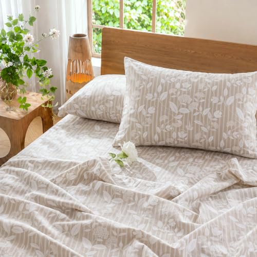 Beige Floral Pillowcases Queen Size Set of 2 - Breathable Cotton, Envelope Closure