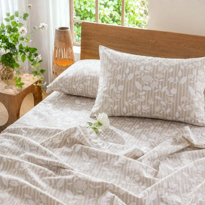 Beige Floral Pillowcases Queen Size Set of 2 - Breathable Cotton, Envelope Closure