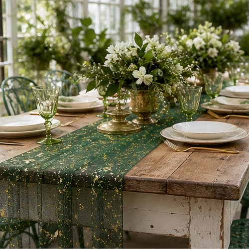 Green Gold 10FT Sequin Sheer Table Runner for Wedding & Party Decor - Green / 28x120 Inches