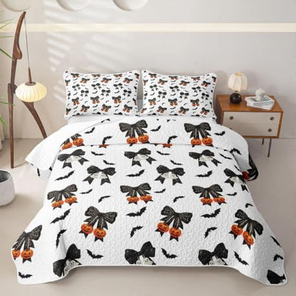 Halloween Kids Bedspread Quilt Set - Orange Black White Full Size with Bow Ghost Pumpkins