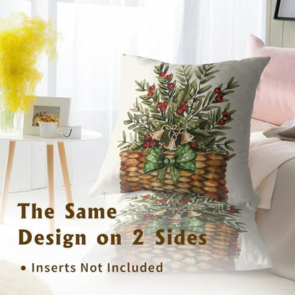 Winter Botanical Throw Pillow Covers 16x16 Inch Set of 2 Pine Branches Red Berries Basket