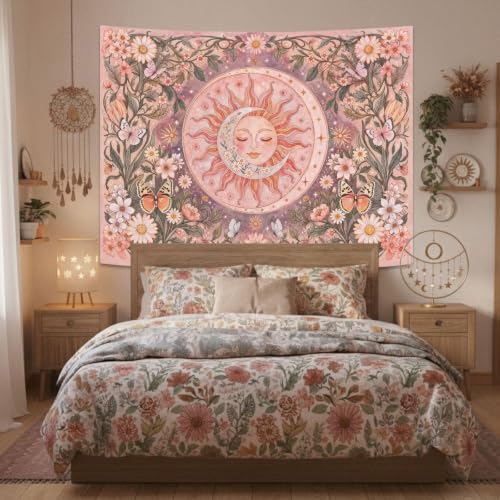 Pink Sun and Moon Boho Tapestry 48x36 Inch - Vintage Floral Wall Hanging