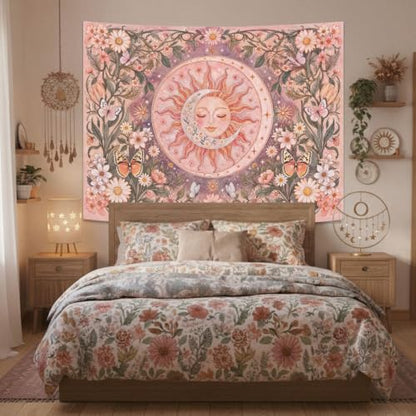 Pink Sun and Moon Boho Tapestry 48x36 Inch - Vintage Floral Wall Hanging