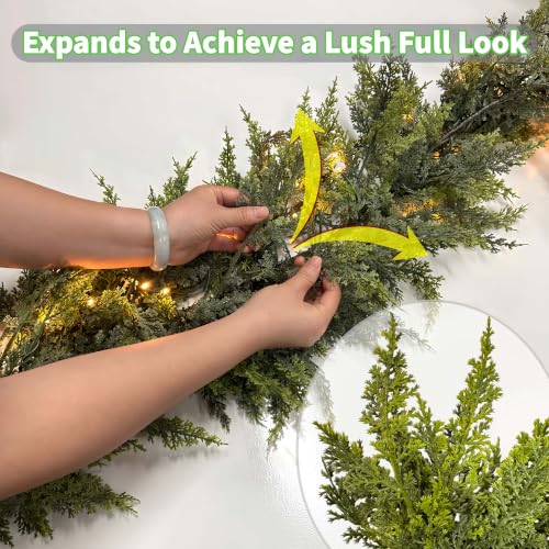 9FT Pre-Lit Christmas Garland with Lights, Real-Touch Cedar Greenery, Large Branches - Indoor Outdoor Decor