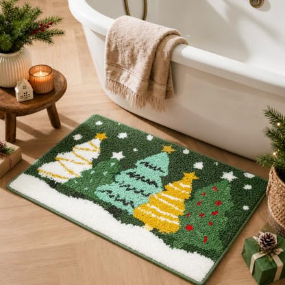 Christmas Bathroom Rugs Green Yellow Christmas Tree Bath Mat 16x24 Inch - Festive Non-Slip Bath Rug