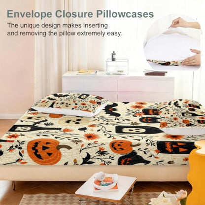 Halloween Fitted Bed Sheet King with Gothic Pumpkin Skull Bats Pattern - Ghost Bottle Pumpkin Variation