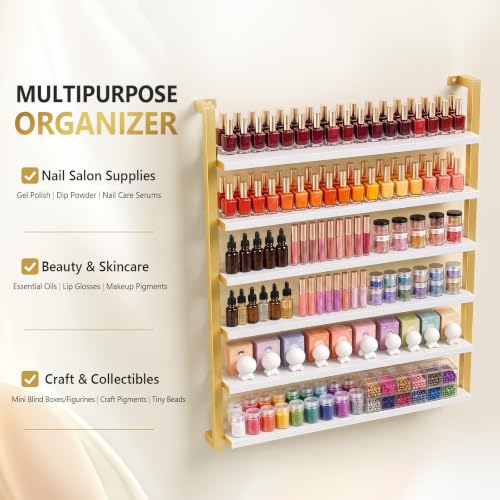 White & Gold 6-Tier Nail Polish Wall Rack Organizer Display Shelf