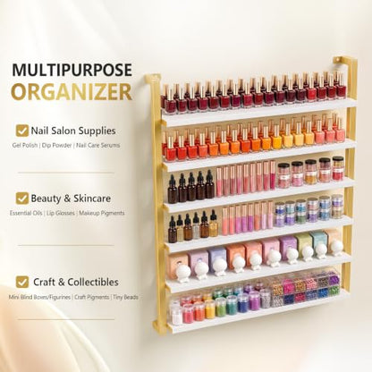 White & Gold 6-Tier Nail Polish Wall Rack Organizer Display Shelf