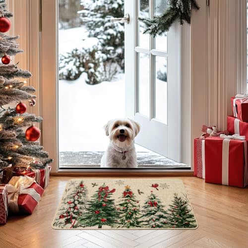 Christmas Doormat 17x29 Inch Winter Red Bow Pine Forest Farmhouse Welcome Rug - Variation: Pine Forest & Red Bow / 1.5x2.5 ft