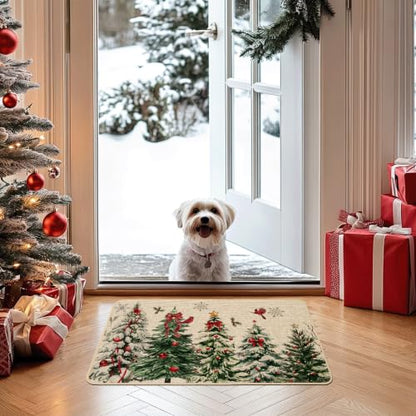 Christmas Doormat 17x29 Inch Winter Red Bow Pine Forest Farmhouse Welcome Rug - Variation: Pine Forest & Red Bow / 1.5x2.5 ft