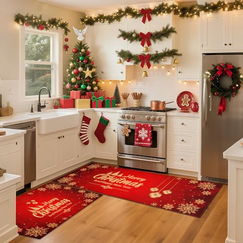 Christmas Kitchen Rugs Set of 2 - Snowflake & Merry Christmas Design, Non-Slip Floor Mats for Entryway & Kitchen, Red & Gold, 17x30 & 17x47 Inches