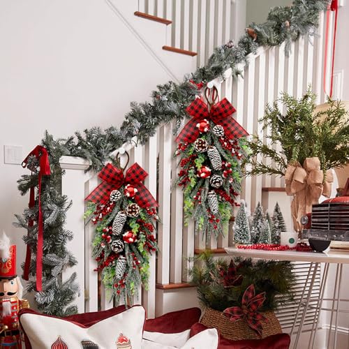 Christmas Teardrop Swag Decorations - Red Checked Bow, Pinecones & Bells, 28 Inch - Green Variation