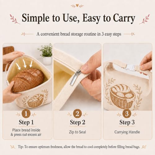 Cream Beige Beeswax Bread Bags Set for Homemade Loaves with Zipper & Buckle - Reusable Cotton Sourdough Storage - XL