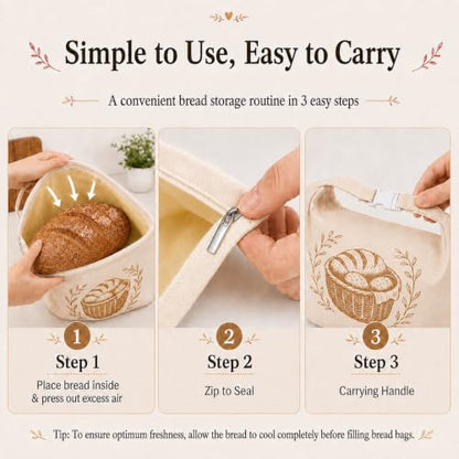 Cream Beige Beeswax Bread Bags Set for Homemade Loaves with Zipper & Buckle - Reusable Cotton Sourdough Storage - XL