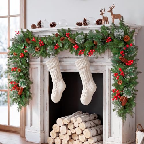 Holly Berries Christmas Garland 9FT Prelit with String Lights for Indoor & Outdoor Decor