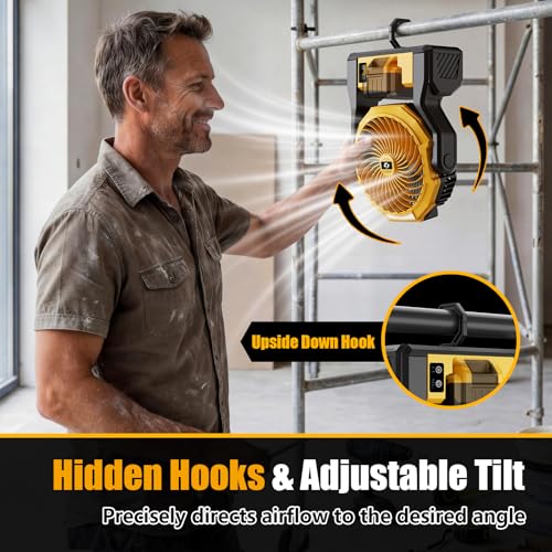 Yellow Battery-Operated Portable Fan for Dewalt 20V Max - 4 Speeds & Lights