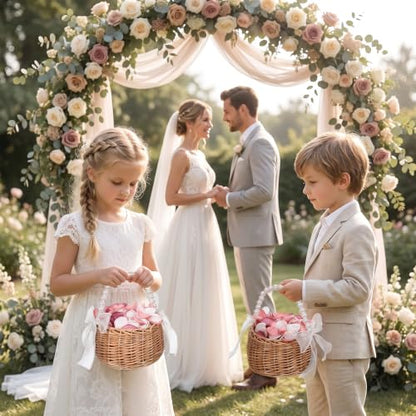 2 Pack Wicker Rattan Flower Girl Baskets with Handle & Linings for Weddings