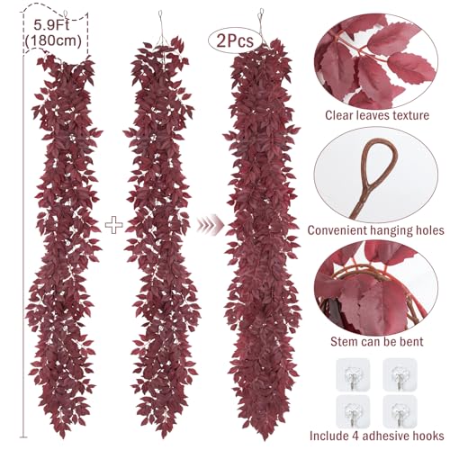 Artificial Burgundy Leaf Vine Garland 2 Pack - 5.9Ft Fall Decor
