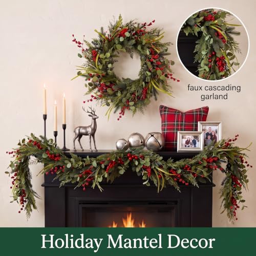 Christmas Wreaths - 24 Inch Artificial Holiday Front Door Decor with Eucalyptus & Berries - Handmade, Reusable, Outdoor Wall Farmhouse Xmas Decoration