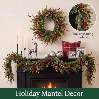Christmas Wreaths - 24 Inch Artificial Holiday Front Door Decor with Eucalyptus & Berries - Handmade, Reusable, Outdoor Wall Farmhouse Xmas Decoration