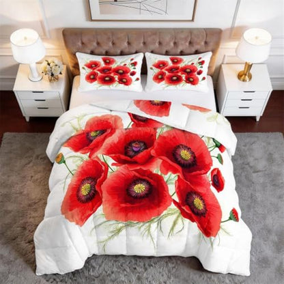 Red Poppies California King Comforter Set Microfiber Duvet All Season - Red