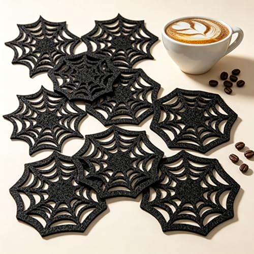 Halloween Black Spider Web Felt Coasters Set of 6 for Fall & Party Decor