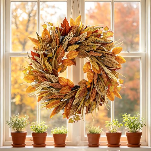 26-Inch Fall Wreath with Wheat Harvest Variation for Front Door, Indoor Outdoor Autumn Decor