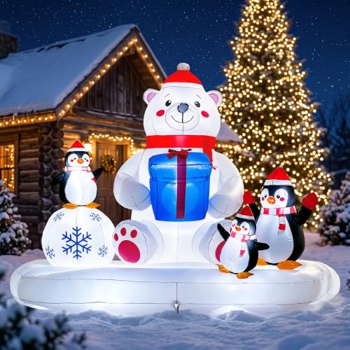 Polar Bear & Penguins Inflatable Christmas Yard Decoration - 8 Ft Lighted Outdoor Holiday Scene