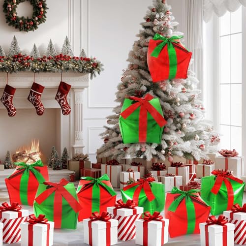 Christmas Gift Box Balloons Set - Red & Green Cube Foil Balloons with Ribbons