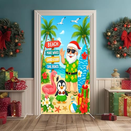 Christmas Surfboard Santa Door Cover Banner - Beach Santa Penguin Holiday Style 71x35