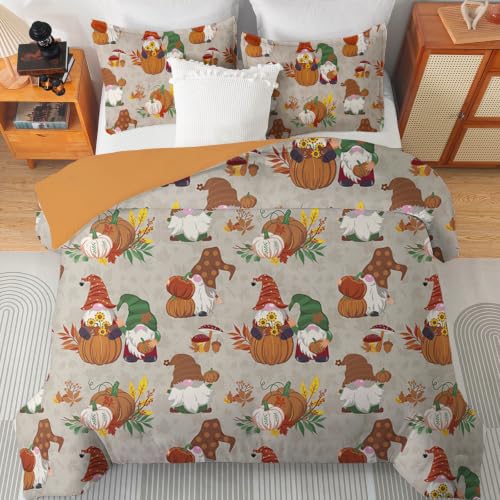 Brown Tan Queen Thanksgiving Duvet Cover Set with Gnome Pumpkin Fall Design