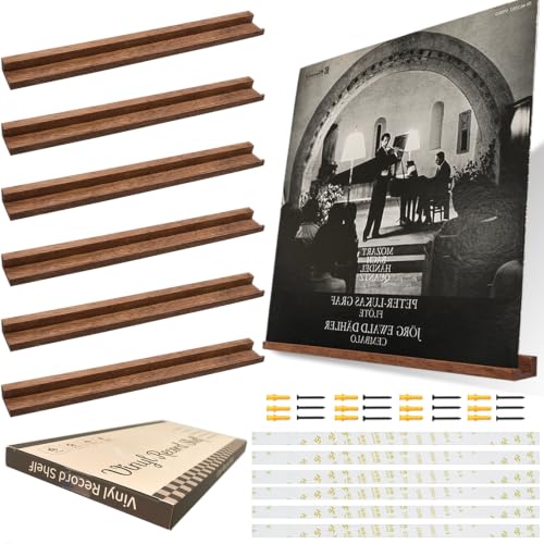Wall Mount Vinyl Record Shelf - 6 Pcs Rubberwood, Dark Brown Finish