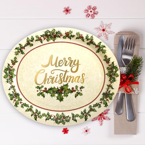 30Pcs Christmas Holly Paper Disposable Oval Plates 10x12 Inch Holiday Party Supplies