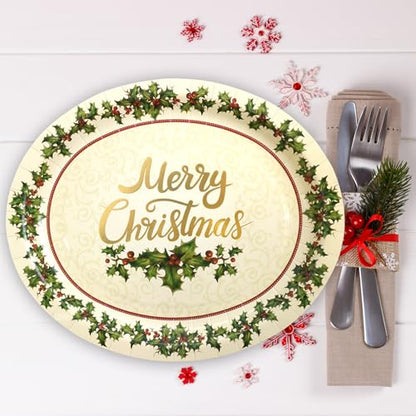 30Pcs Christmas Holly Paper Disposable Oval Plates 10x12 Inch Holiday Party Supplies