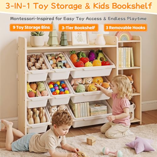 Kids Bookshelf & Toy Organizer - 3-Tier Wooden Storage with Bins, Natural Pine