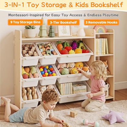 Kids Bookshelf & Toy Organizer - 3-Tier Wooden Storage with Bins, Natural Pine