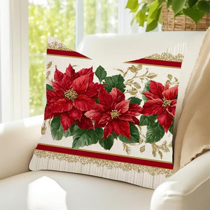 Poinsettia Red Flower Throw Pillow Cover - 18x18 Inch Christmas Decor with Hidden Zipper - Pack of 1
