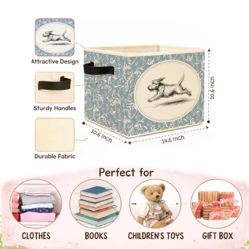 Wire Fox Terrier Storage Bin with Vintage Blue Pattern – Foldable Fabric Basket, Running Terrier Sketch
