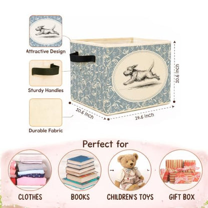 Wire Fox Terrier Storage Bin with Vintage Blue Pattern – Foldable Fabric Basket, Running Terrier Sketch