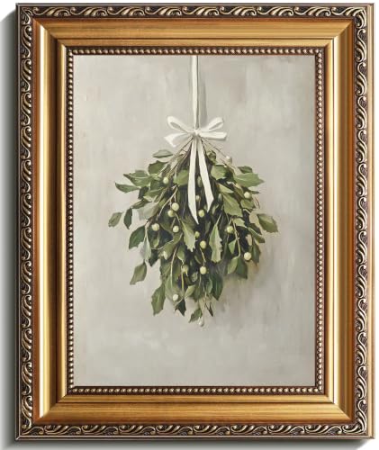 Uniro Vintage Gold Framed Wall Art - Christmas Mistletoe Oil Painting - Bunny Sketch Variation 12x9 Inches