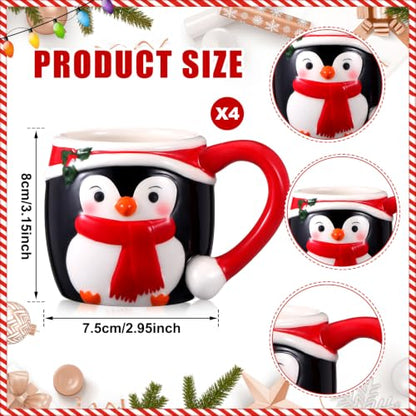 4 Pcs Christmas Penguin Ceramic Mug Set - 11 oz Holiday Drinkware - Variation of 4