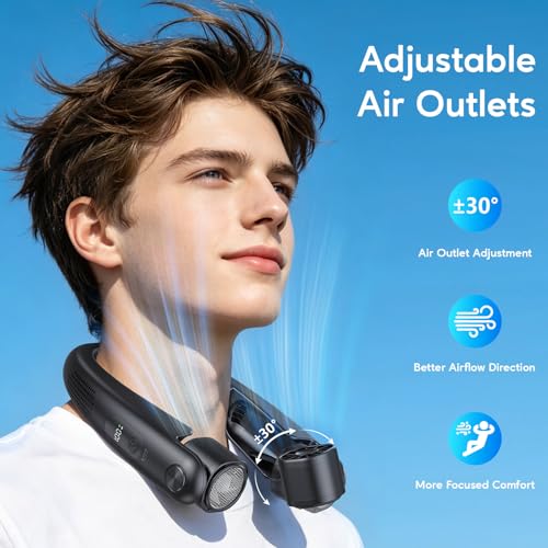 Portable Neck Fan Black with Cooling Plates, 6000mAh Rechargeable, 1-100 Speed