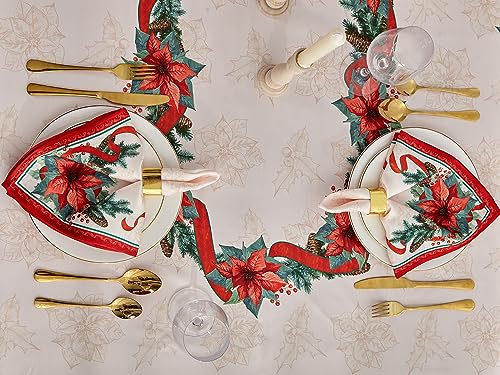 Christmas Poinsettia Ribbon Tablecloth 52 x 70 Inch Holiday Decor - Red & Green