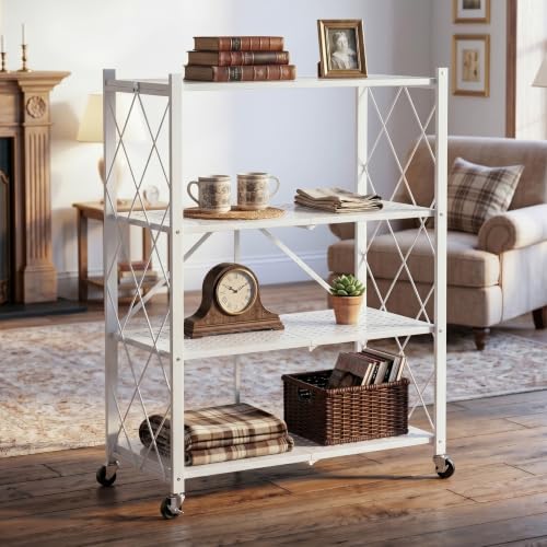 White 4-Tier Foldable Storage Shelves with Wheels - No Tools Needed