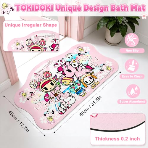 Tokidoki Pink Waterproof Non-Slip Bath Mat - Quick Dry, Absorbent Bathroom Rug