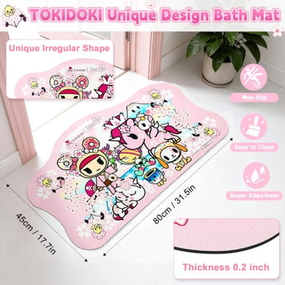 Tokidoki Pink Waterproof Non-Slip Bath Mat - Quick Dry, Absorbent Bathroom Rug