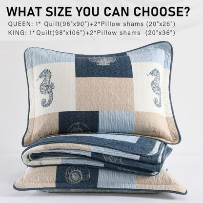 PERHOM Reversible Nautical Cotton Quilt Set Queen Navy Blue Light Blue Beige 98x90
