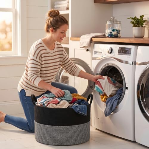 Extra Large Cotton Rope Storage Basket 90L with Handles for Home Organization