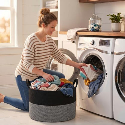 Extra Large Cotton Rope Storage Basket 90L with Handles for Home Organization
