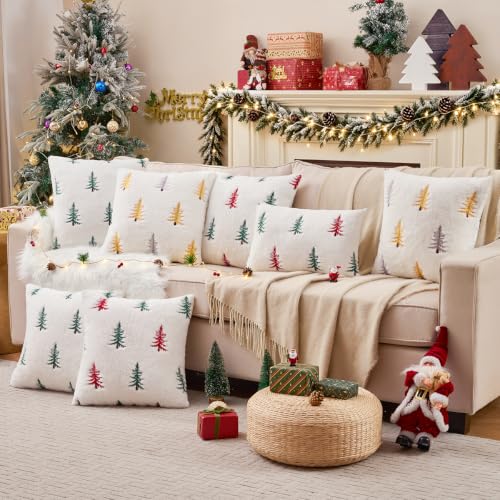 Christmas Throw Pillow Covers 18x18 Set of 2 - Red Green Faux Fur Decor